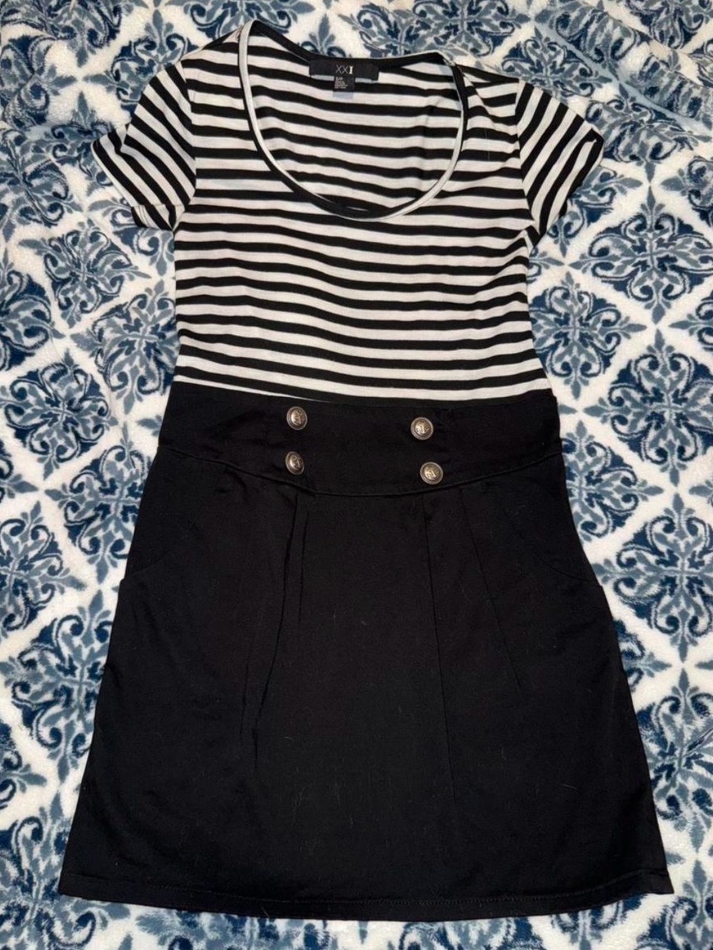 Y2K Forever 21 Black White Striped High-Waist Mini Skirt Dress Nautical Prep S